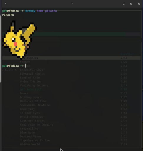 image shows linux terminal with the command "krabby name pikachu" the output is a pokemon sprite renderd in the terminal.